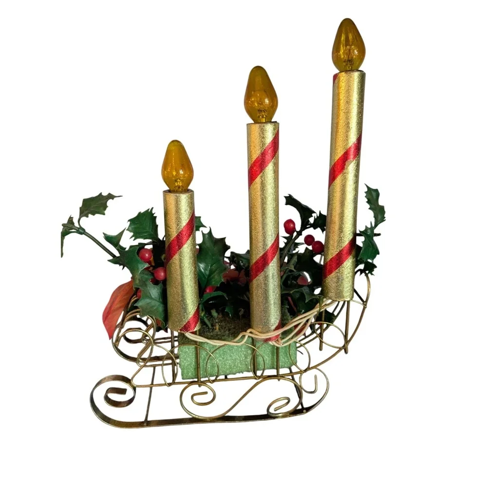 Vintage Lighted Sleigh Christmas Candle Display Holly‎ Poinsettia MCM 13x9x4.5